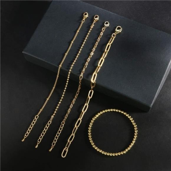 Gold Chain Bracelet Sets Women 14K Gold Plated Dainty Link Paperclip Bracelets - Picture 6 of 6